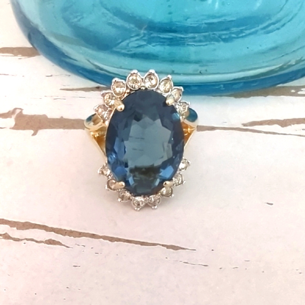 Vintage Huge "Joseph Esposito", ESPO 14k GE Sapphire Blue Diamonique Ring - Picture 1 of 8